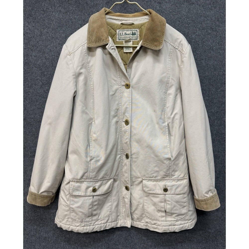 VTG LL Bean Chore Coat Womens L Insulated Barn Field Jacket Beige Quilted